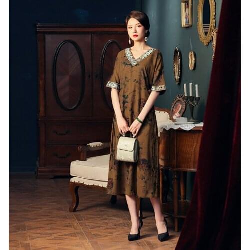 Qipao Evening Dresses Custom Silk Fragrant Cloud Gauze Cheongsam Dress Summer Cheongsams V-Neck Short Sleeve Skirt Chinese Dress