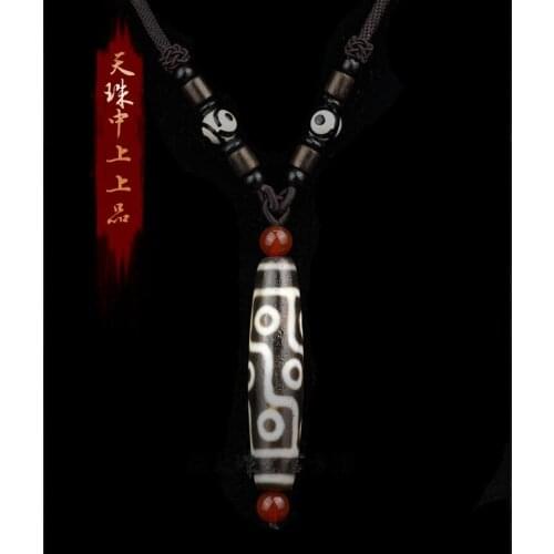 Vintage Tibetan Dzi Bead 9 Eyes Vein Pendant agate Amulet Necklace -Certificate