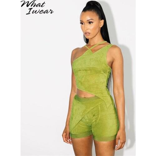 Whatiwear Asymmetry Velour Solid Two Piece Set Women Sleeveless Halter Crop Top+Crease Shorts Matching Outfit Casual Atirewear