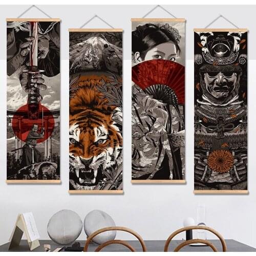 Japanese Ukiyo-e Tiger Canvas Scroll Posters Wall Pictures for Living Room Home Decor Paintings Wall Art Wood Hanging Painting