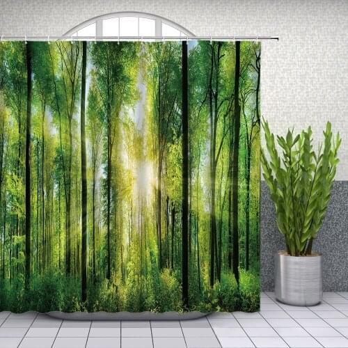 Forest Landscape Shower Curtains Bathroom Decor Green Plant Big Tree Spring Scenery Home Bathtub Polyester Curtain Set With Hook
