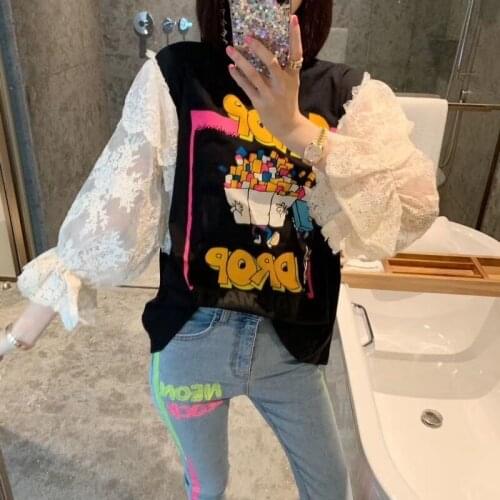 Spring Summer Cartoon Printed Women t shirt lace sleeve cotton tshirt tops