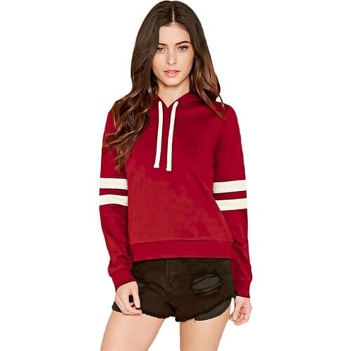 Streetwear Casual Sweatshirts Women Striped Long Sleeve Hoodies Hooded Sport Slim Pullover Lady White Wine Red Black Tops Female