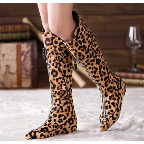 2018 Spring Fashion Leopard Suede Leather Women Pointy Toe Knee High Boots Front Zip Ladies Increased Heel Knight Boots Size 41
