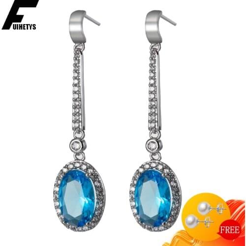 BaliJelry 925 Silver Earrings Jewelry Accessories Oval Shape Sapphire Zircon Gemstone Drop Earring for Women Wedding Engagement