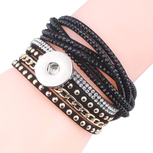 7 colors 2017 new arrival womens multi-layer crystal rivet leather 18/20mm metal snaps button bracelet DIY jewelry 40cm ZE190