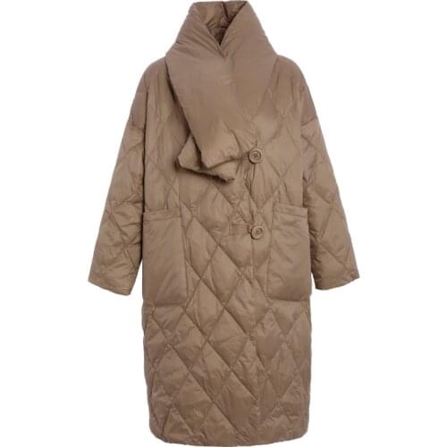 2021 Winter Womens Down Jacket With a Scarf Quilted Padded Coats Female Long Puffer Jacket Warm Parka Ladies Portable Outerwear