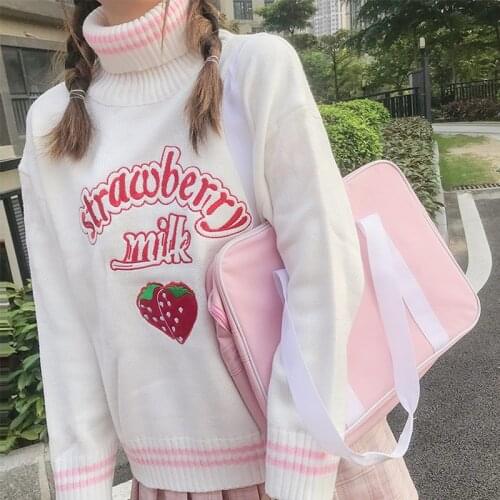 Autumn Winter Japanese Sweet Lolita Sweater Women Cute Embroidery Strawberry Turtleneck Pink White Knitted Pullover Outerwear