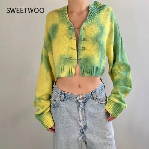 Sexy Nightclub Tie-Dye Hollow Loose Crop Sweater Women Autumn 2021 Fashion Casual Long-Sleeved Brooch Button Knit Sweater