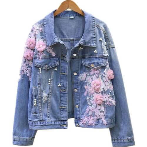 2019 Autumn Long Sleeve Jean Jacket Feminina Coats Women Embroidery Three Dimensional Flowers Pearl Bead Short Denim Coat Woman