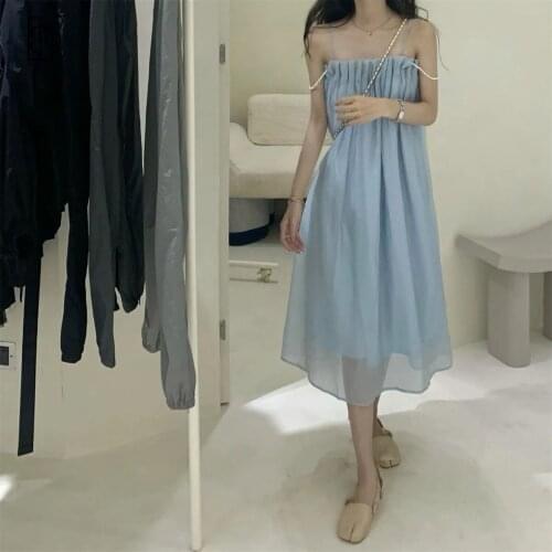 Luck A Suspender Dress Womens New Summer 2021 Sexy Midi Dress Cute Mesh Pearl Camisole Dress Vintage Sexy Beach Holiday Dress