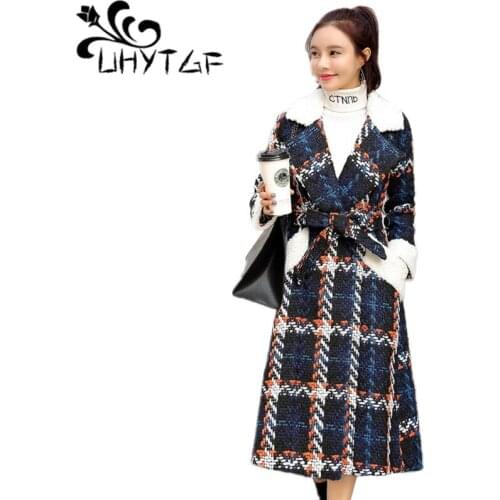 UHYTGF Plus size belt lattice outerwear Korean Woolen women coat winter warm jacket women fashion Woolen Women winter jacket 708