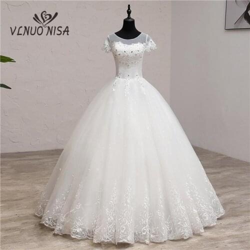 2020 New Korean Lace O-Neck Short Sleeve Muslim Wedding Dresses Spring Bridal Gown Cheap Wedding Gowns robe de mariage 7