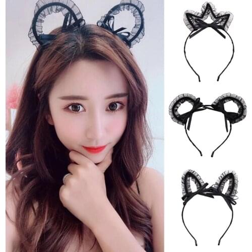 2021 Fashion Sweet Black Lace Animal Cat Ears Headband Bowknot Ruffled Mesh Tulle Hair Hoop Masquerade Party Cosplay Anime Hair
