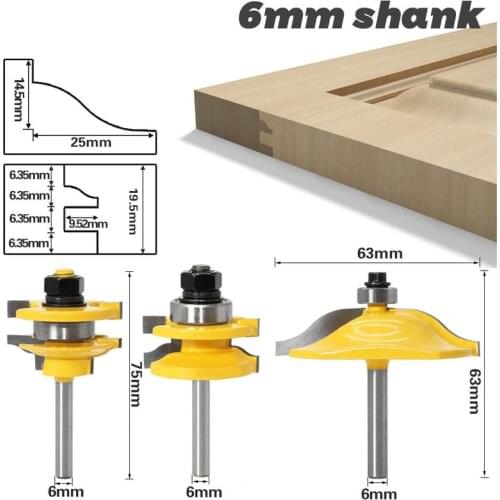 3Pcs 6mm Shank Cabinet Door Panel Knife Milling Cutters With Bearing Router Bit Set For Wood Carbide Cutter Woodworking Tools