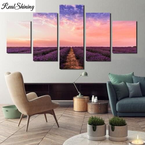 5pcs Pink And Purple Sky And Lavender Fields diy diamond painting rhinestone full square round drill diamond embroidery F1133