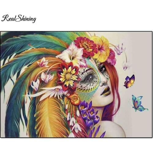 5D DIY Diamond Painting Colorful Feather Woman butterfly cross stitch full square round diamond mosaic embroidery Indian F829
