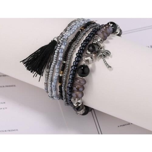 6pcs/set Handcraft Boutique Fashion Multilayer Crystal Stone Beads Strand Bracelets Shell Bangles Pulseras Boho Mujer