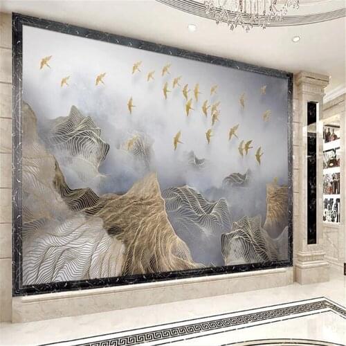 Milofi customized large 3D wallpaper mural new Chinese artistic conception landscape golden line bird TV background wall