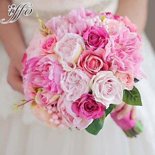 Iffo deep powder & pink orange wedding bouquet bride hand holding flower bridesmaid pectoral brides artificial peony bouquet