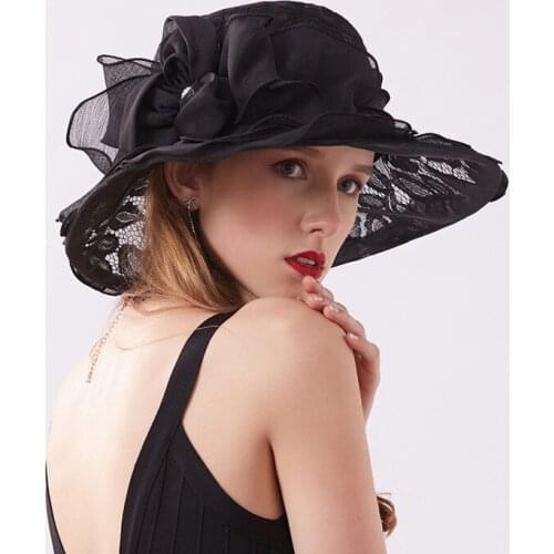 Women Lace Hat With Floral Large Wide Brim Fedora Summer Wedding Church Hat