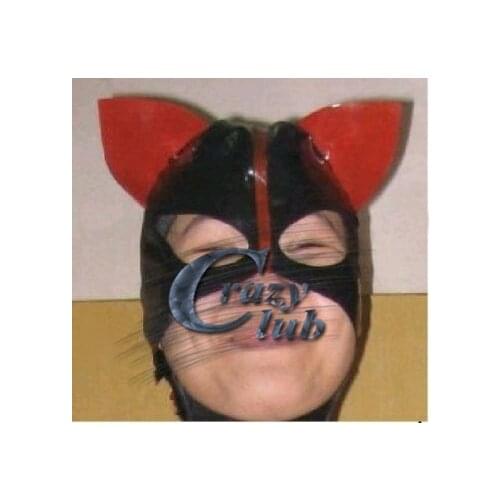 Crazy club_Customized Splice Black and red Latex Hood Mask Fetish Sexy 100% Natural Latex Handmade Women Hood Fetish Female Sale