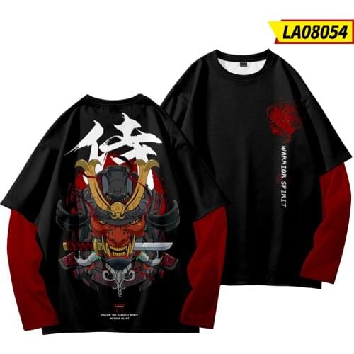 Autumn Casual Loose Long Sleeve Black Print Tshirt Harajuku Fake Two Pieces Round Neck Hip Hop T Shirt