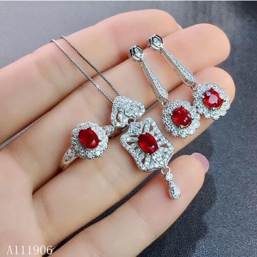KJJEAXCMY boutique jewelry 925 sterling silver inlaid natural ruby female ring earrings pendant necklace set support detection l