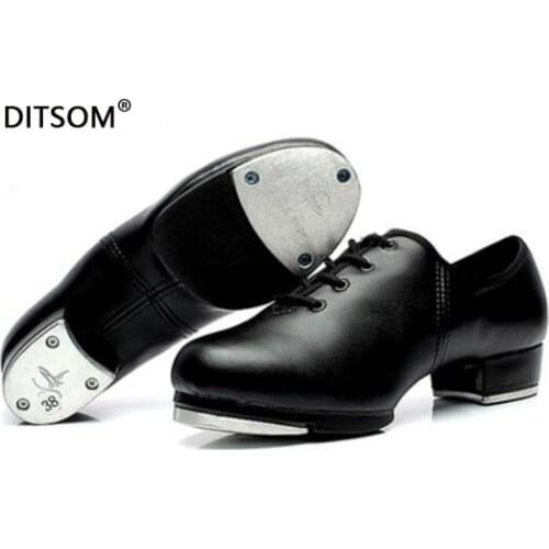 Classic Clogging Tap Shoes For Men And Women Lace Up Human Leather Middle Heel Jazz Clogging Shoe Size EU34-EU45