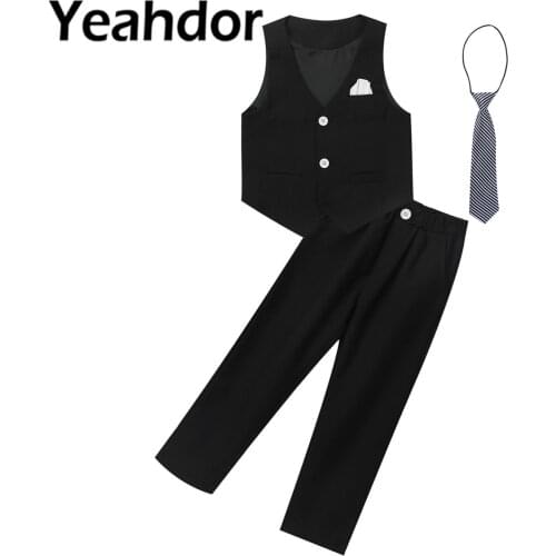 Boys Suits Formal Party Dress Suits for Boys Vest + Pants Tie Wedding Birthday Gentleman Kid Costumes 3Pcs Flower Boys Clothes