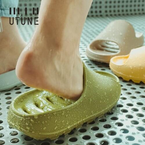 UTUNE Women Slippers Bathroom Summer Indoor Home Slides Leaking Household Bath Slipper Men Fast Leak Platform Sandals Green
