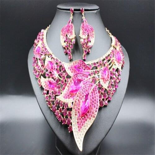 Fashion Multilayer Gold Color Crystal Rhinestone Leaf Bohemia Flower Statement Necklaces Earrings Jewelry Set For Women Wedding