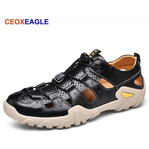 New Real Leather Sandals Men Adults Closed Toe Breathable Soft Comfortable Summer Outdoor Shoes Roman Beach Sandals Sizes 38-46