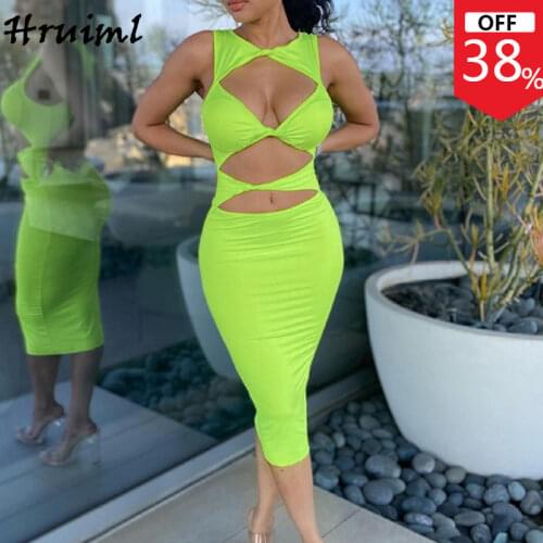 Cheap Wholesale Items Womens Summer Dresses Hollow Out Sleeveless Criss-cross Green Dress Backless Slim Elegant Party Robe 2021