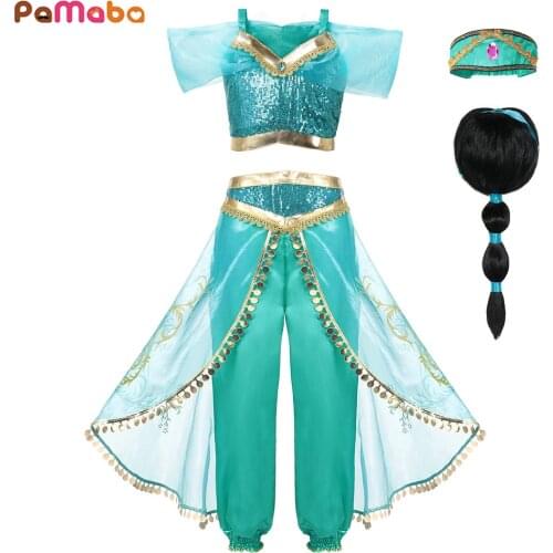 PaMaBa Girls Jasmine Princess Dress Halloween Clothes for Kids Aladdins Lamp Childrens Set Jasmine Top Pants Cosplay Costume