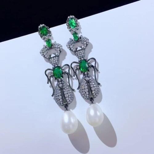 Natural fresh water pearl earring long earring 925 sterling silver with cubic zircon insect beetle earring fine women jewelry