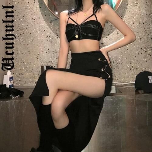 Ucuhulnl Mall Gothic Grunge Punk Black Midi Skirts Women Aesthetic Emo Alternative Clothing High Waist A-Line Party Long Skirt