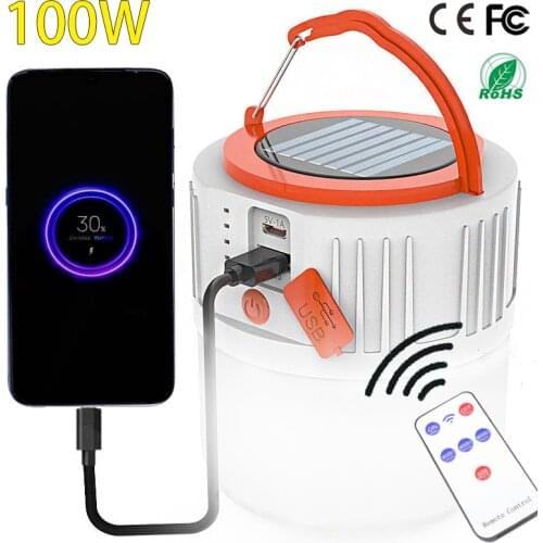 100W Outdoor Solar Camping Light Led Solar Recharge Portable Lantern USB Portable Light Bulb For Tent Camping Lamp Phone Charge