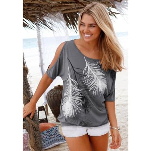 European and American Womens Clothing T-shirt New Style Feather Print Off-shoulder Round Neck Plus Size Short Sleeved T-shirt