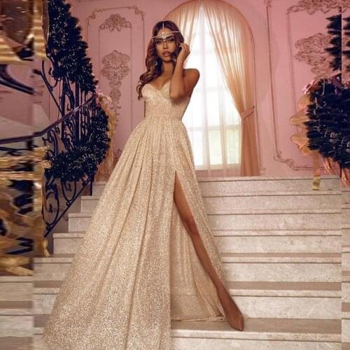 Sparkly prom dresses 2021 sweetheart neckline sequins shinning side slit champagne evening dresses gowns