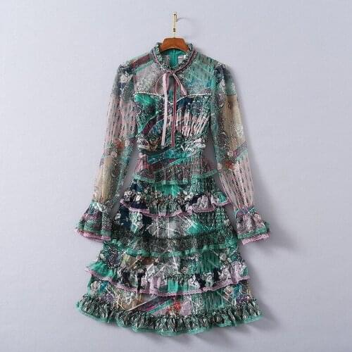 European and American womens wear 2020 winter new style Flared sleeve long sleeve stand collar lace print Fashione green dress