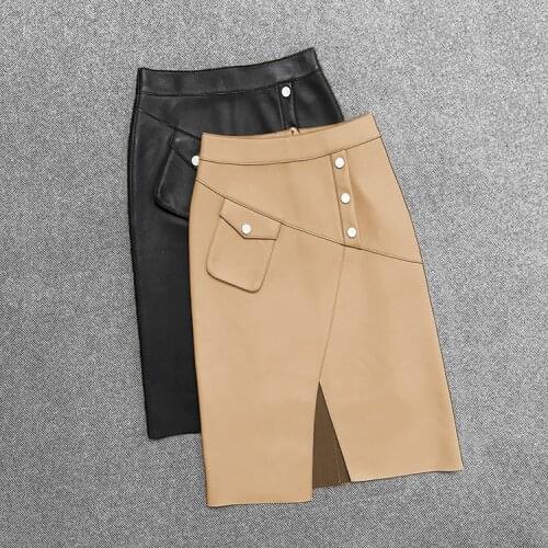 2021 Spring OL elegant Genuine pencil High quality womens High-rise leather pockets skirt C557