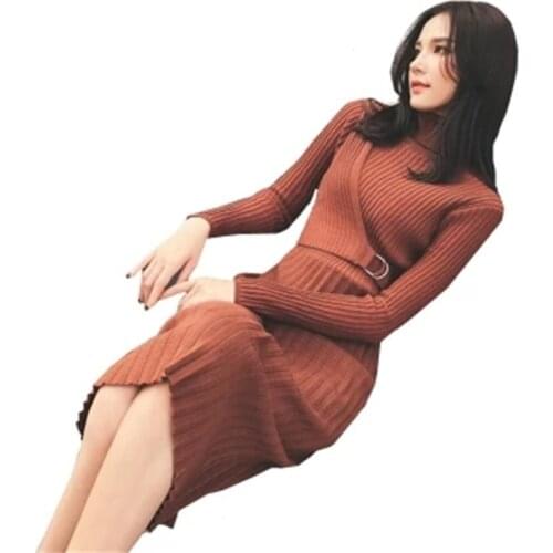 The new high-necked sweater caramel color high waist dress in womens long paragraph Slim Elasticity bottoming dress TB1138