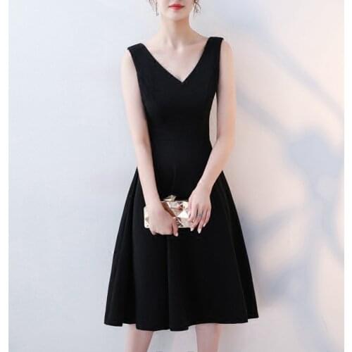 Summer Black Sexy Sleeveless V-neck Round Collar Base-dress Vintage Evening-dress Banquet Elegant Noble Prom-dress Wedding
