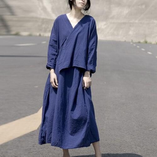 Johnature Women Dark Blue Dress Vintage Cotton Linen 2021 New Summer Long Sleeve V-Neck Belt Women Clothes Loose Original Dress