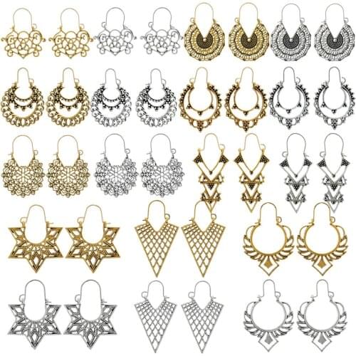 18 Styles New Retro Women Hollow Earrings Fashion Bohemian Hollow Carved Flower Metal Dangle Ear Hoop Earrings Vintage Jewelry