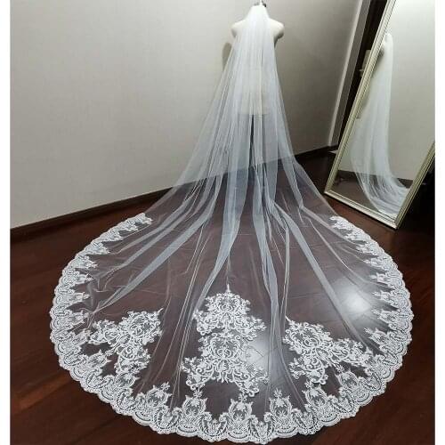 Long Lace Wedding Veil with Comb 3.5 Meters One Layer Romantic White Ivory Bridal Veil Wedding Accessories velos de novia