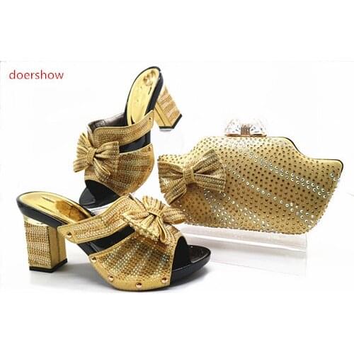 Doershow Fashion African Shoes And Bags Matching Set Italian Rhinestone High Heels gold color Shoes And Bag For Party STN1-31