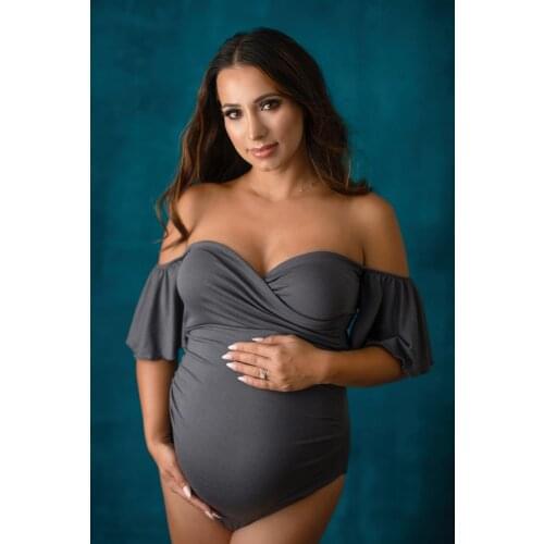 Stretchy Fabric Maternity Bodysuit Off Shoulder Ruffles Short Sleeves Maternity Phography Bodysuit Custom Colors YEWEN