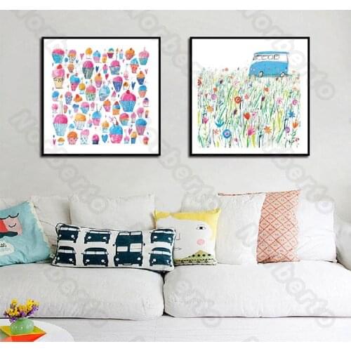 Canvas Painting and Posters Wall Colorful Small Buckets and Wild Flower Bush a Blue Car for Living Room Bedroom Restaurant Decor